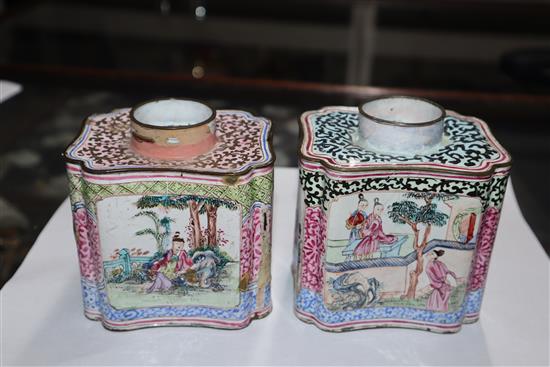 Two 18th century Canton enamel tea caddies height 10cm